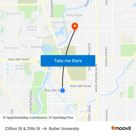 Clifton St & 29th St to Butler University map