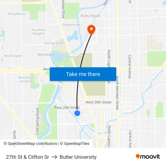 27th St & Clifton Sr to Butler University map