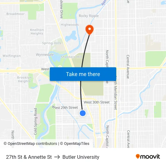 27th St & Annette St to Butler University map