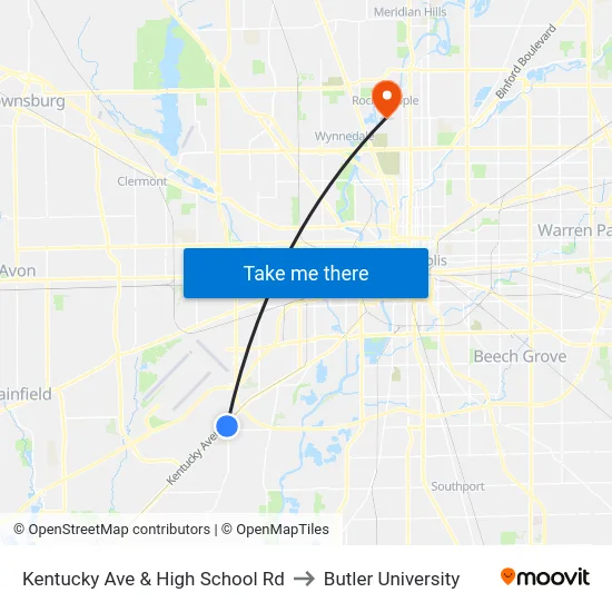 Kentucky Ave & High School Rd to Butler University map