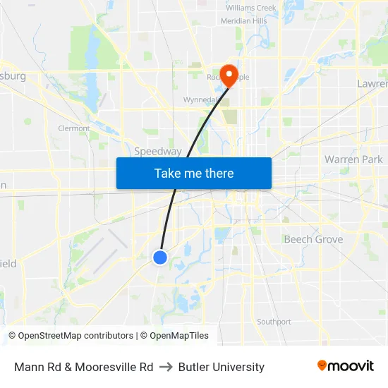 Mann Rd & Mooresville Rd to Butler University map