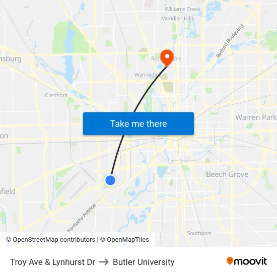 Troy Ave & Lynhurst Dr to Butler University map