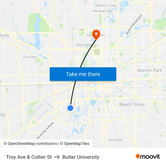 Troy Ave & Collier St to Butler University map
