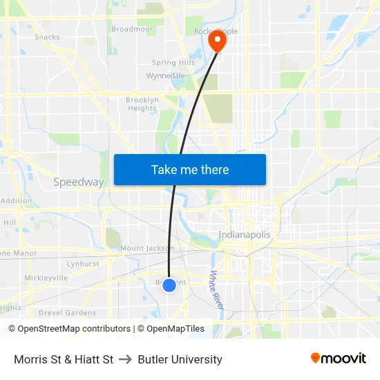 Morris St & Hiatt St to Butler University map