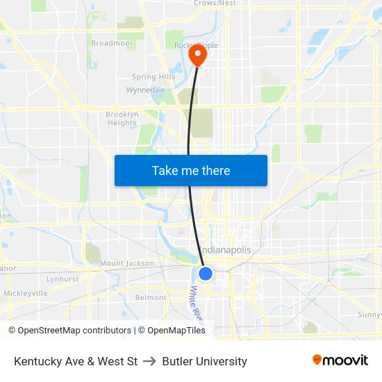 Kentucky Ave & West St to Butler University map