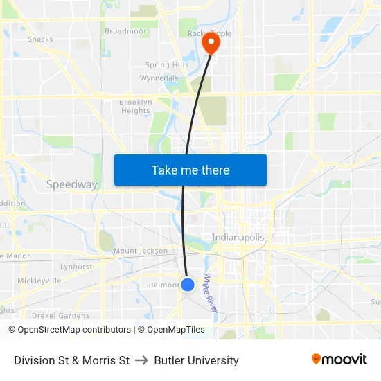 Division St & Morris St to Butler University map