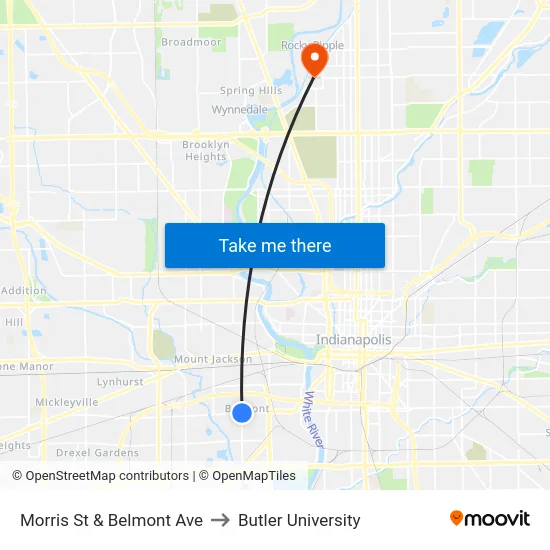 Morris St & Belmont Ave to Butler University map