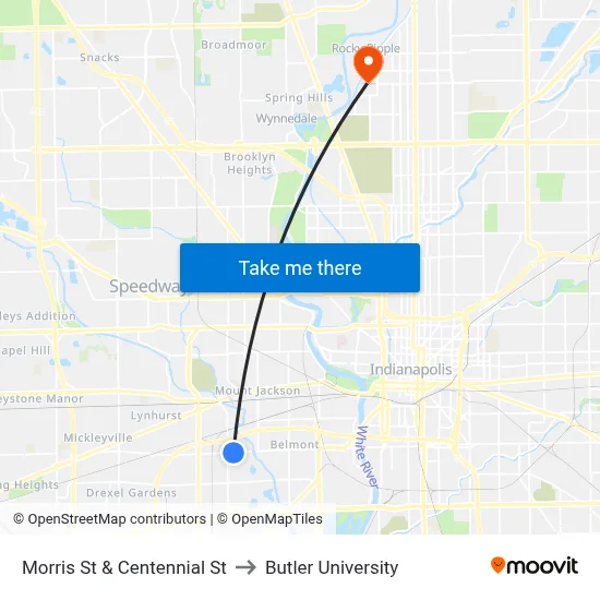 Morris St & Centennial St to Butler University map