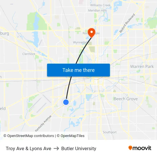 Troy Ave & Lyons Ave to Butler University map