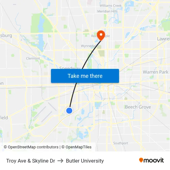Troy Ave & Skyline Dr to Butler University map