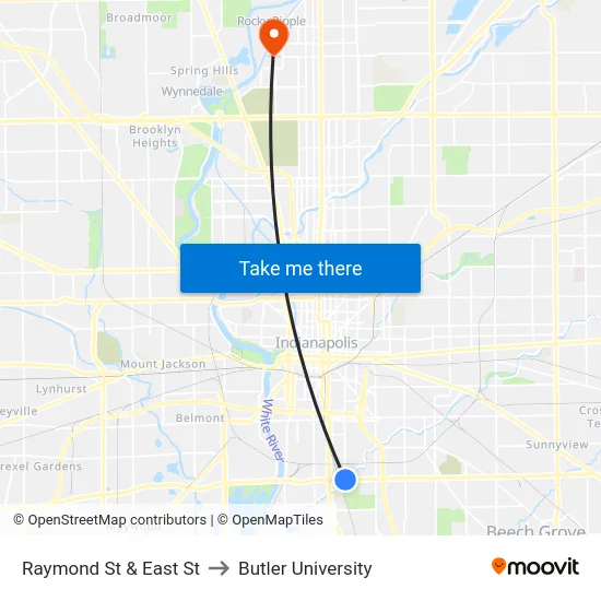Raymond St & East St to Butler University map