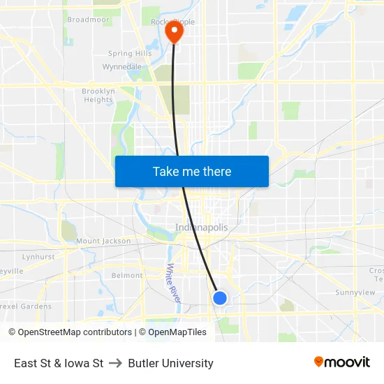 East St & Iowa St to Butler University map