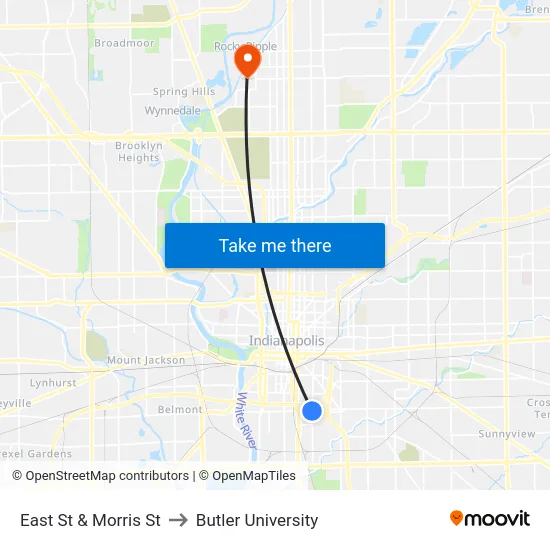 East St & Morris St to Butler University map