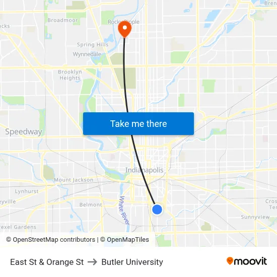 East St & Orange St to Butler University map