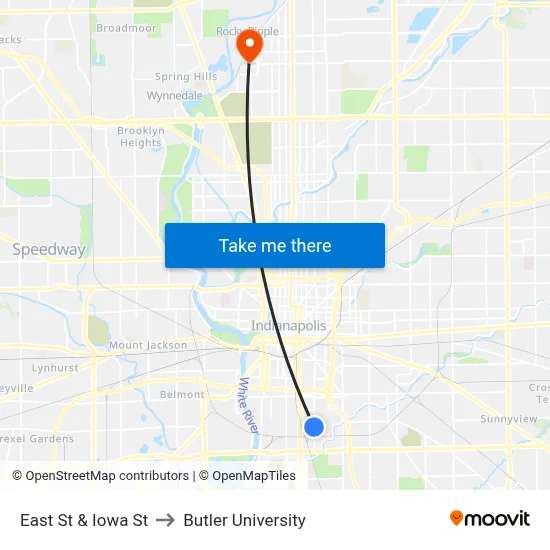 East St & Iowa St to Butler University map