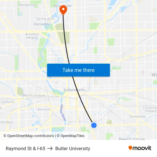 Raymond St & I-65 to Butler University map