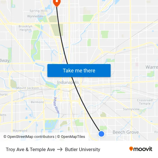 Troy Ave & Temple Ave to Butler University map