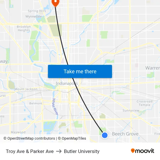 Troy Ave & Parker Ave to Butler University map