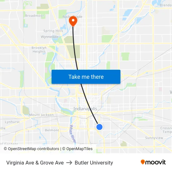 Virginia Ave & Grove Ave to Butler University map