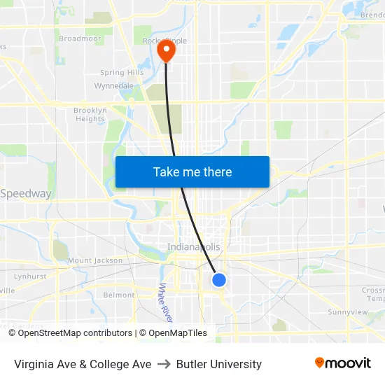Virginia Ave & College Ave to Butler University map
