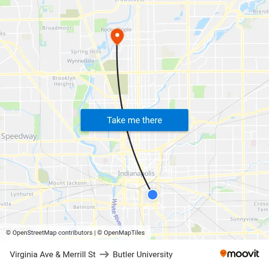 Virginia Ave & Merrill St to Butler University map