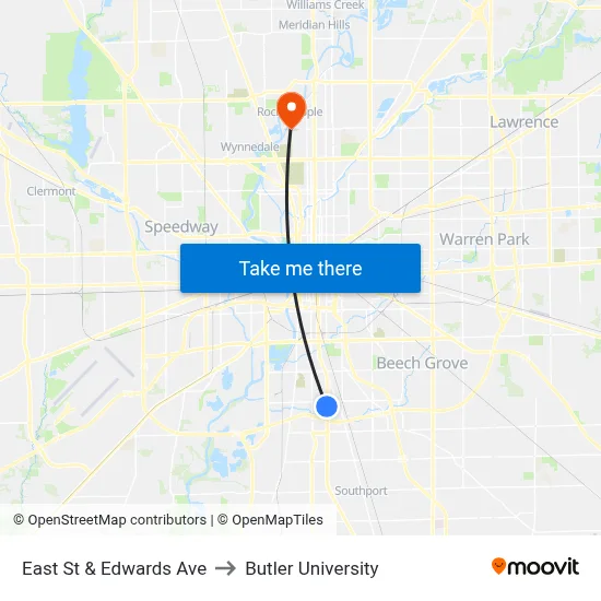 East St & Edwards Ave to Butler University map