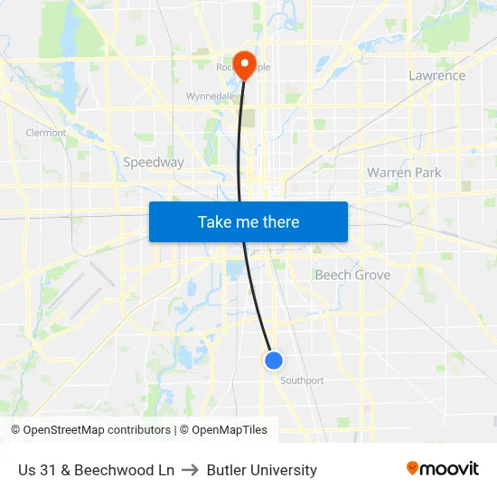 Us 31 & Beechwood Ln to Butler University map