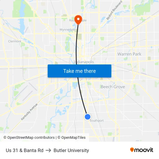 Us 31 & Banta Rd to Butler University map