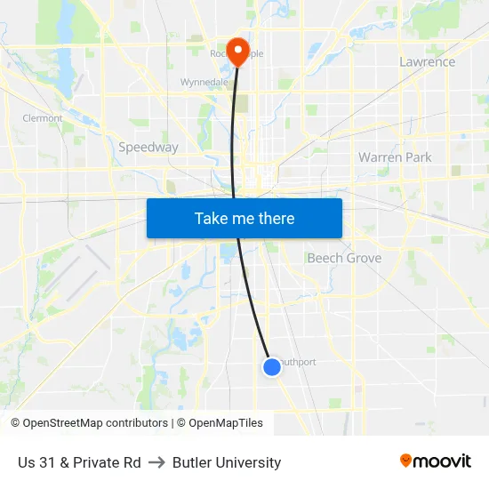 Us 31 & Private Rd to Butler University map