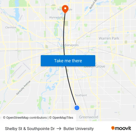Shelby St & Southpointe Dr to Butler University map
