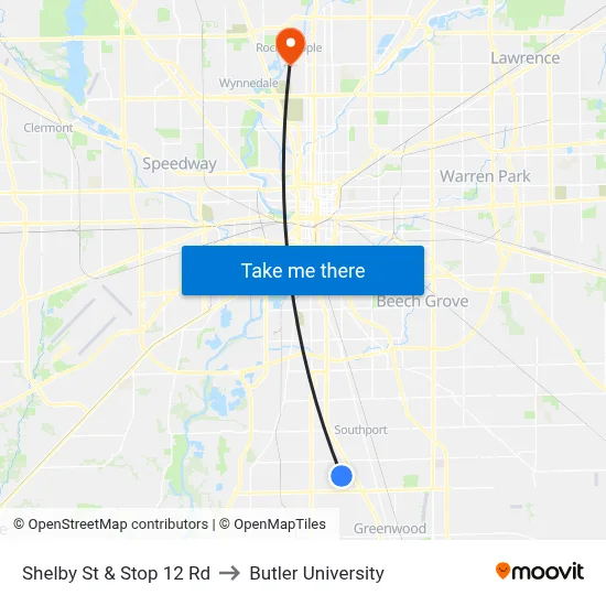 Shelby St & Stop 12 Rd to Butler University map