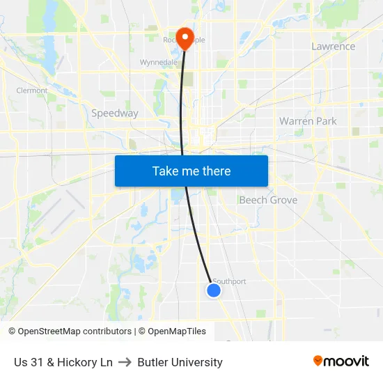 Us 31 & Hickory Ln to Butler University map