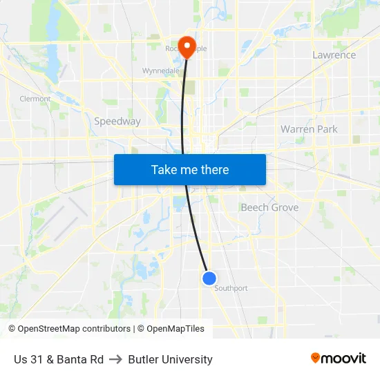 Us 31 & Banta Rd to Butler University map