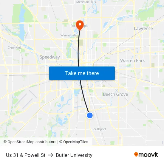 Us 31 & Powell St to Butler University map