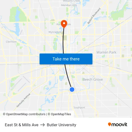 East St & Mills Ave to Butler University map