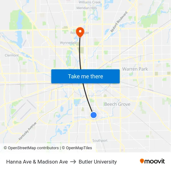 Hanna Ave & Madison Ave to Butler University map