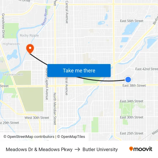 Meadows Dr & Meadows Pkwy to Butler University map