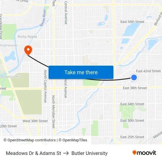 Meadows Dr & Adams St to Butler University map