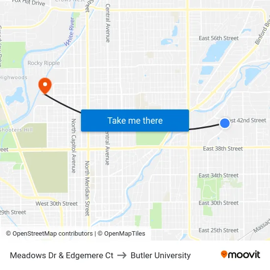 Meadows Dr & Edgemere Ct to Butler University map