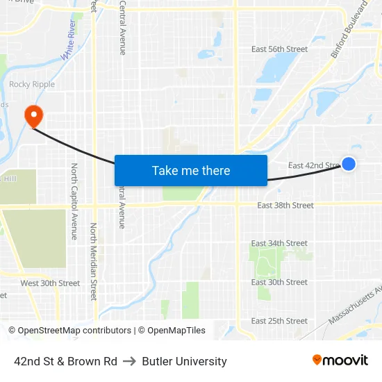 42nd St & Brown Rd to Butler University map