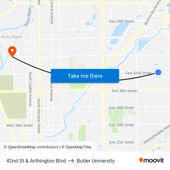 42nd St & Arthington Blvd to Butler University map