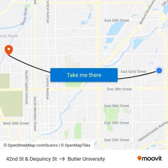 42nd St & Dequincy St to Butler University map