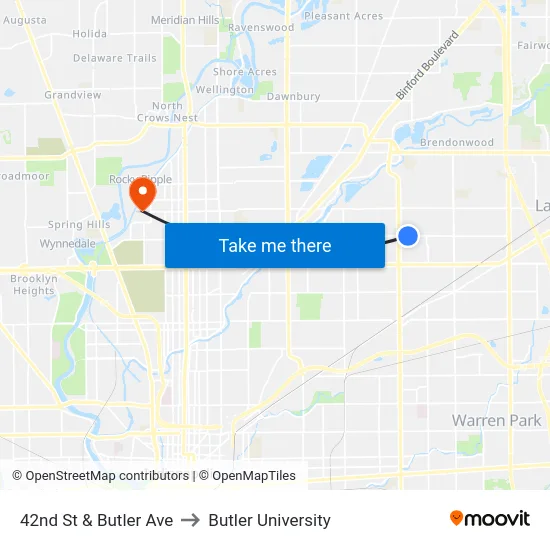 42nd St & Butler Ave to Butler University map