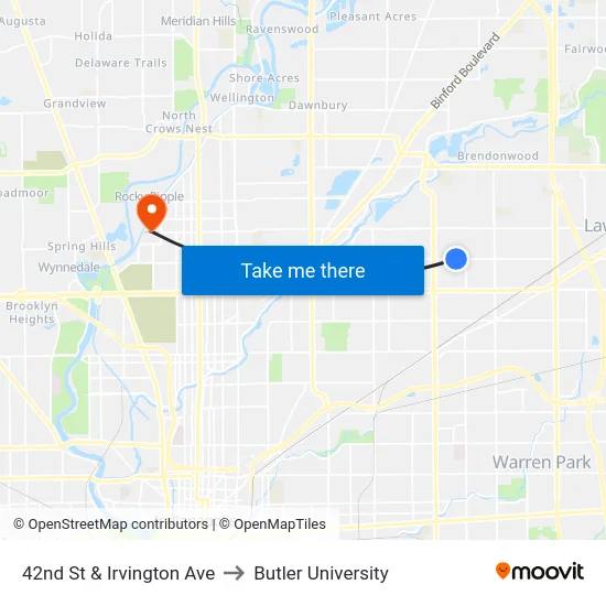 42nd St & Irvington Ave to Butler University map