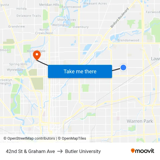 42nd St & Graham Ave to Butler University map