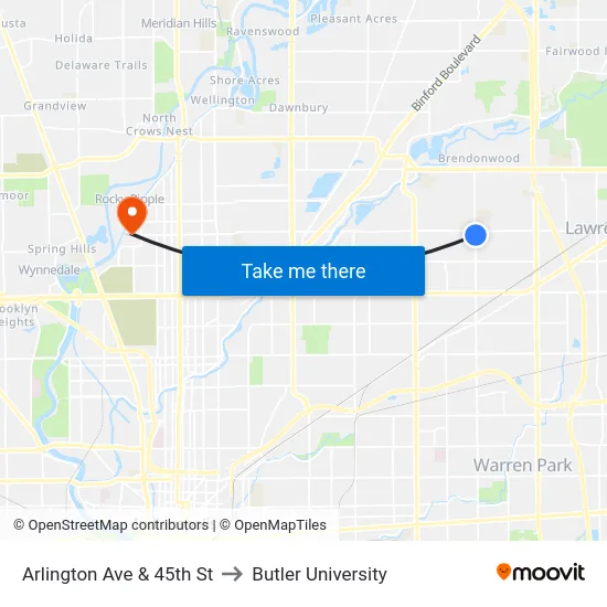 Arlington Ave & 45th St to Butler University map