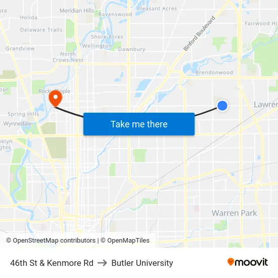 46th St & Kenmore Rd to Butler University map