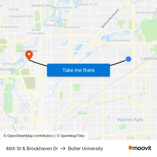 46th St & Brookhaven Dr to Butler University map