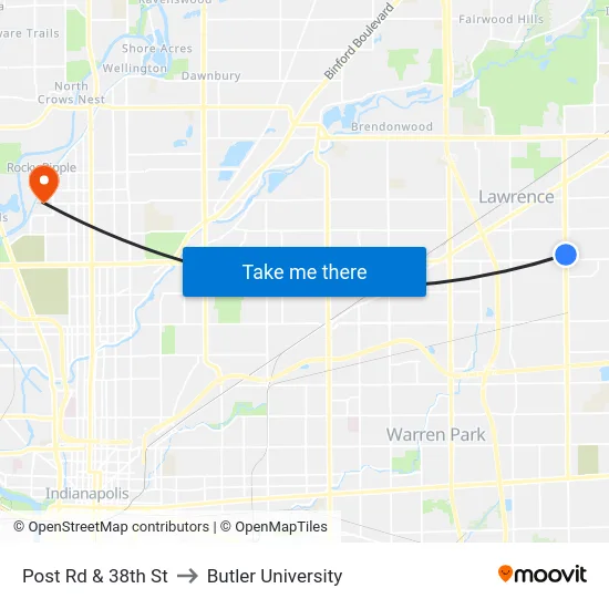 Post Rd & 38th St to Butler University map