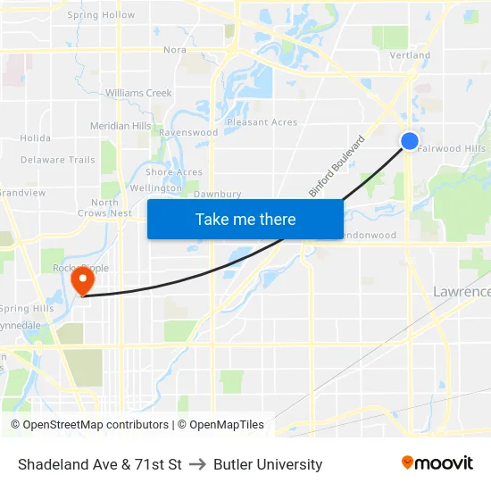 Shadeland Ave & 71st St to Butler University map